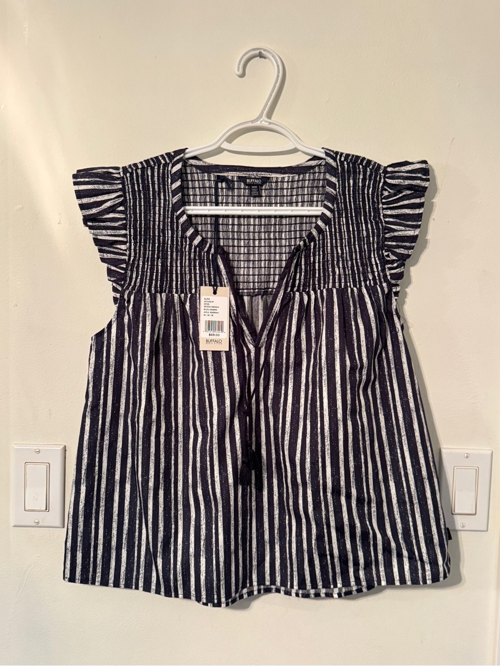 Buffalo David Bitton Navy & White Striped Tassel Tie Flutter Sleeve Top